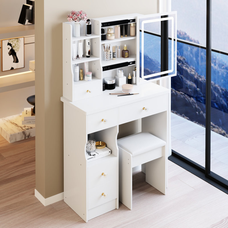 29.2" Left Drawer Desktop Vanity Table With Cushioned Stool, Touch - Operated Tri Color Brightness Adjustable Led Mirror, Suitable For Compact Areas Large Sliding, Ideal Spaces