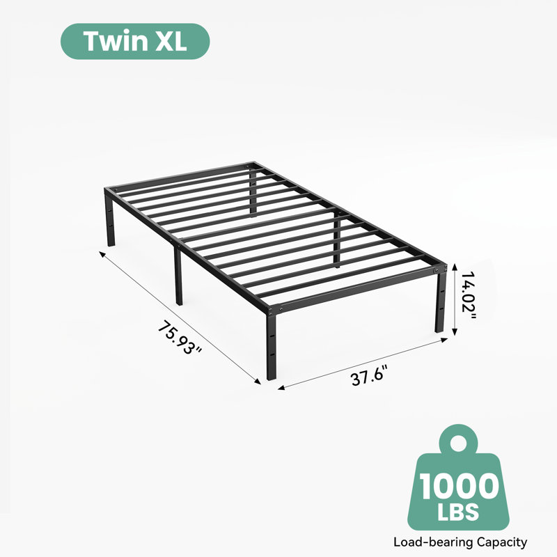 Lutherville 14'' Black Metal Platform Bed Frame With Steel Slat Support, No Box Spring Needed, 14", Twin XL