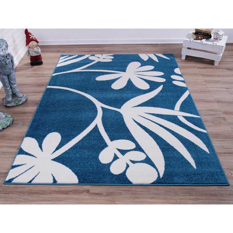 Tapis bleu / blanc Kindig, Rectangle 6 pi 2 po x 9 pi 2 po