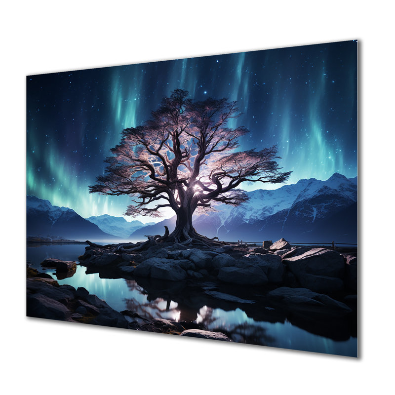 «Blue and Pink Tree In Northern Lights II», art mural arbre en métal, H 12 po x l 20 po x P 1 po