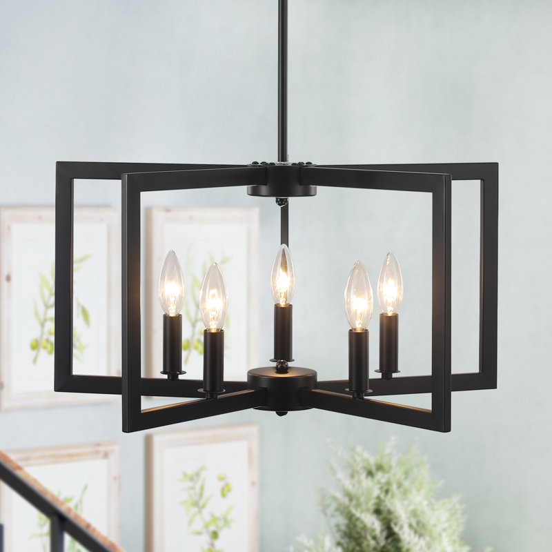 5 - Light 21.25" Matte Black Farmhouse Geometric Candle-Style Square / Rectangle Lantern Chandelier , Matte Black, 5 Lights