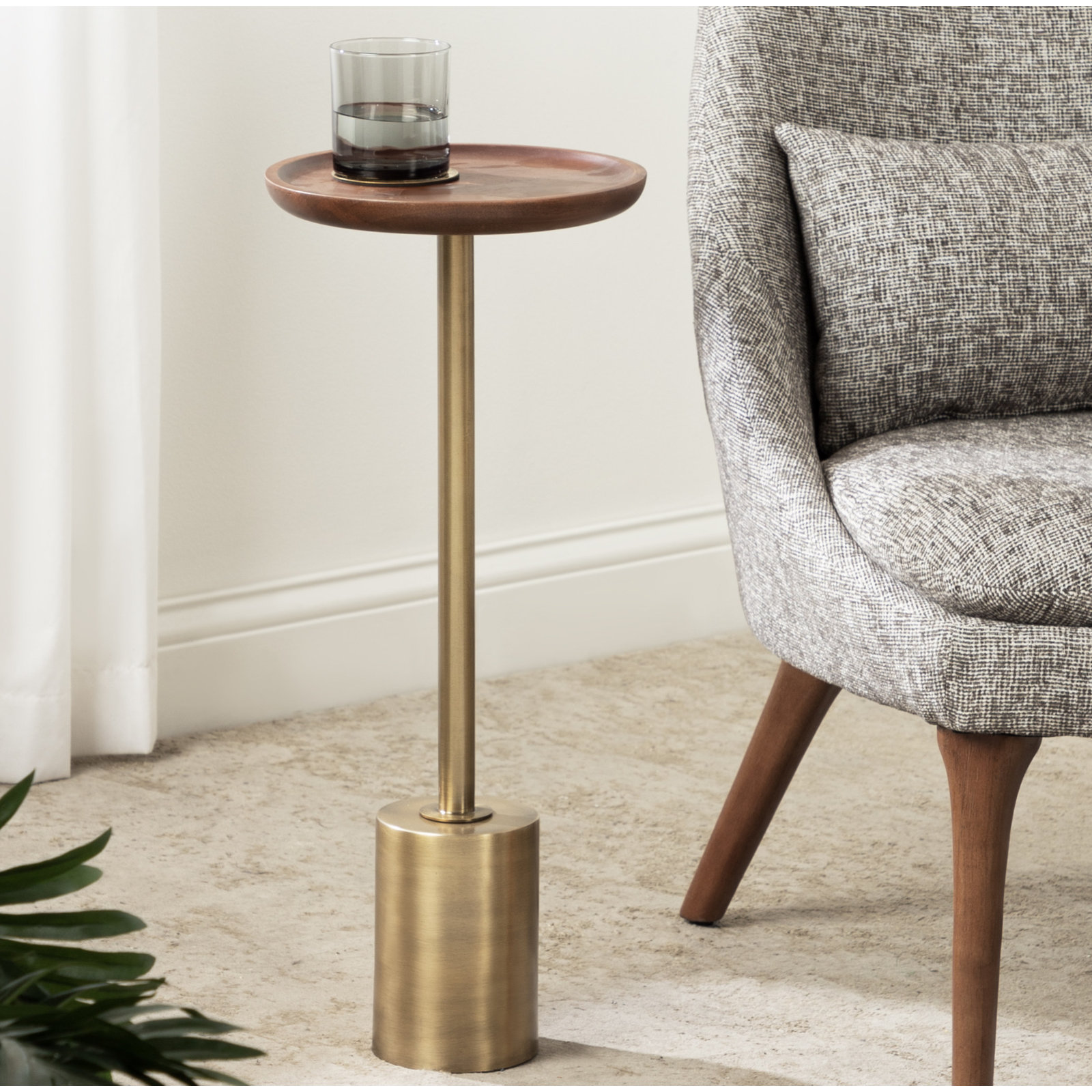 Armengol Solid Wood Pedestal End Table, Gold, Black, 24'' H X 10'' W X 14'' D