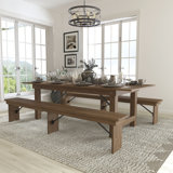 Dejon 8' x 40" Antique Rustic Folding Farm Table and Two Bench Set
