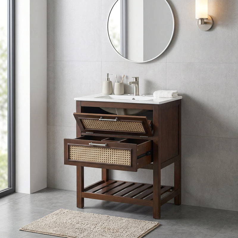 Meuble-lavabo compact 24 po avec lavabo intégré en céramique, tiroir profond et tiroir basculant, Naturel