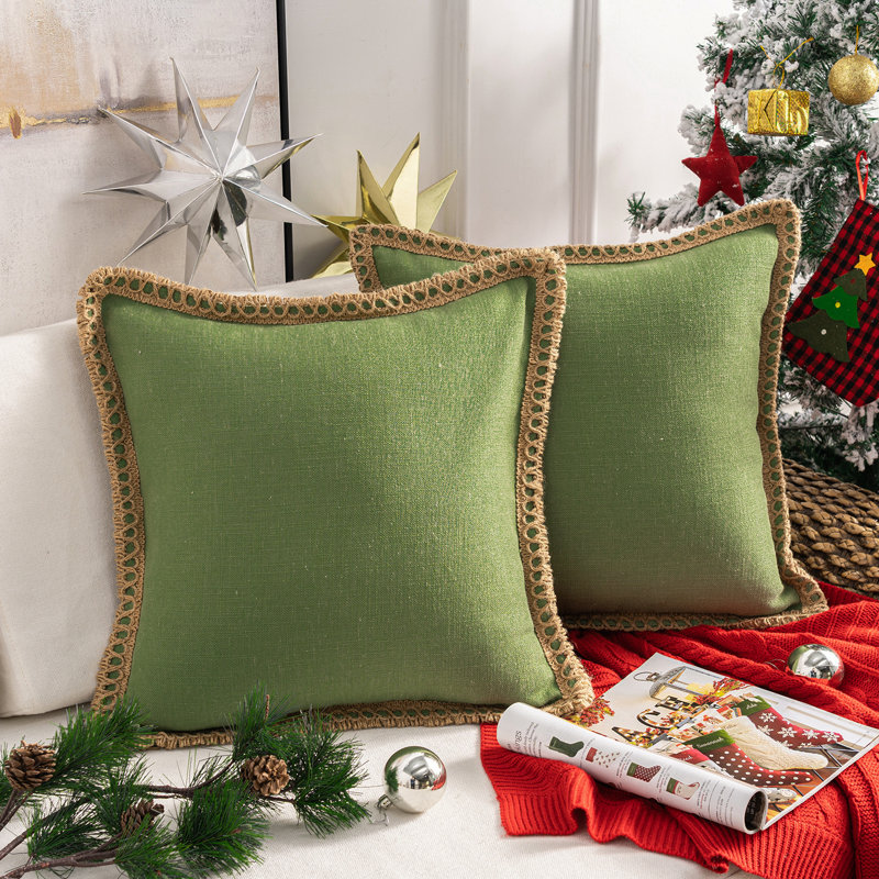 Green Linen Embroidered Farmhouse Throw Pillow Set