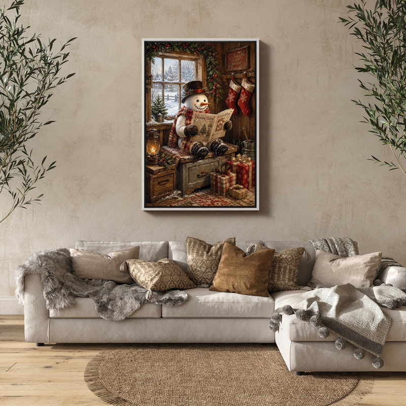 Cozy bonhomme de neige lisant le journal de Noël, décor de vacances rustiques, impression encadrée, 36" H x 24" W, White