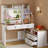Vanity Mirror with Lights, Makeup Vanity Desk with 5 Drawers, 6 Open Storage Shelves, Large Extendable Dressing Table with Charging Station, Glass Top, Touch Screen Mirror, Antique White