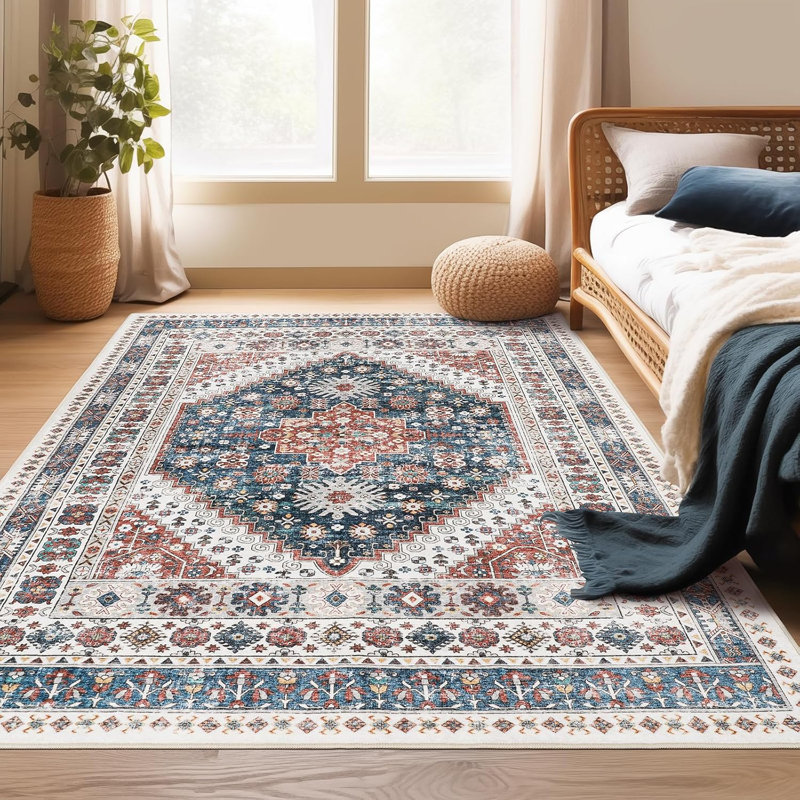 Medallion Non Slip Washable Rug(Red), Rectangle 3' x 5'