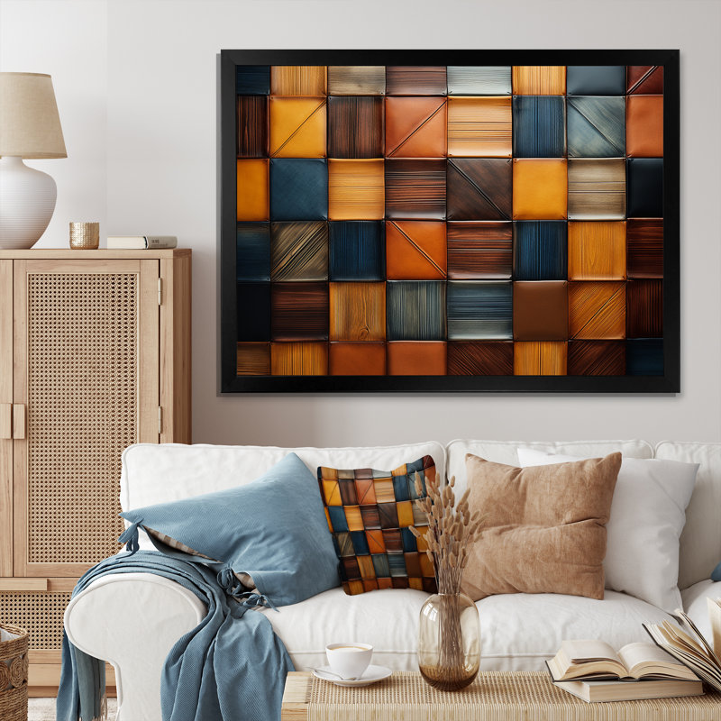 «Geometric Harmony Abstract Brown Tiles II», reproduction sur toile mosaïque Boho, Cadre d'angle fermé noir