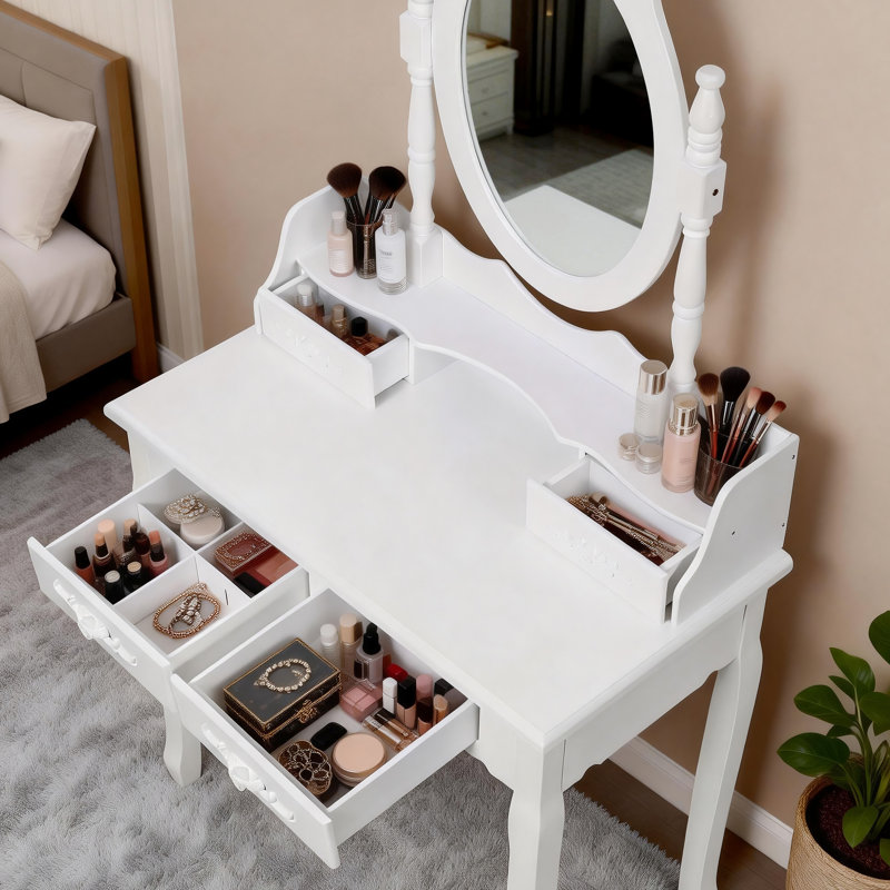White Vanity Desk With 360 Swivel Mirror, 4 - Drawer Storage, Comfortable Stool, Easy Assembly For Bedroom Rotating Wooden Makeup Table ' Bedroom, Cushioned Spacious Frame