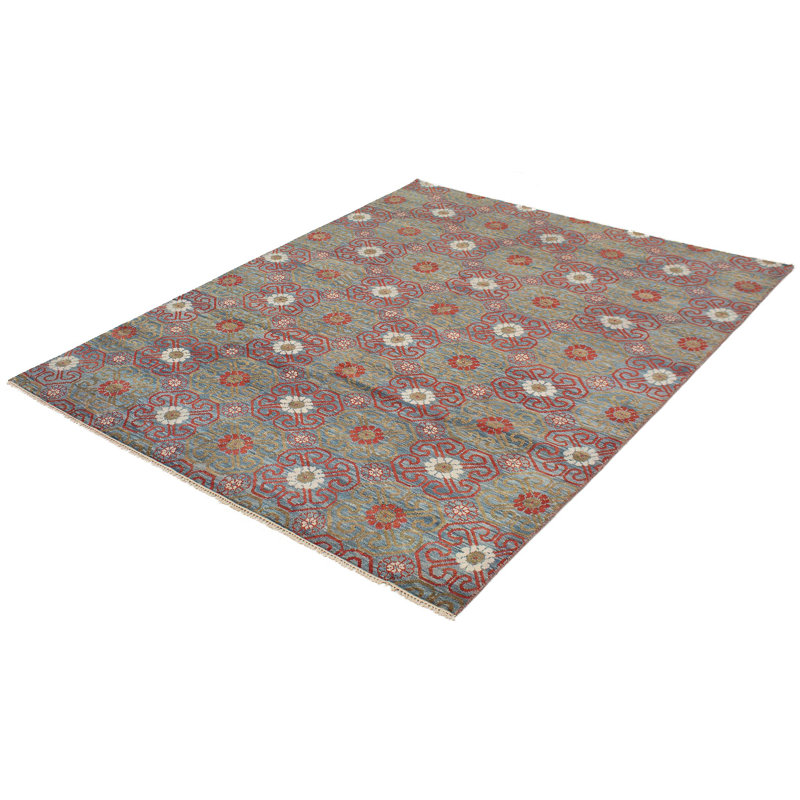 Tapis unique en laine noué à la main nouvel âge de 8 pi x 10 pi rouge foncé / turquoise / crème Antoni