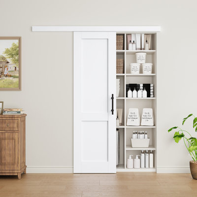 Full-assembled Door Panel, Concealed Track Sliding Barn Door White Primer Solid Wood Closet Doors With Installation Hardware Kit