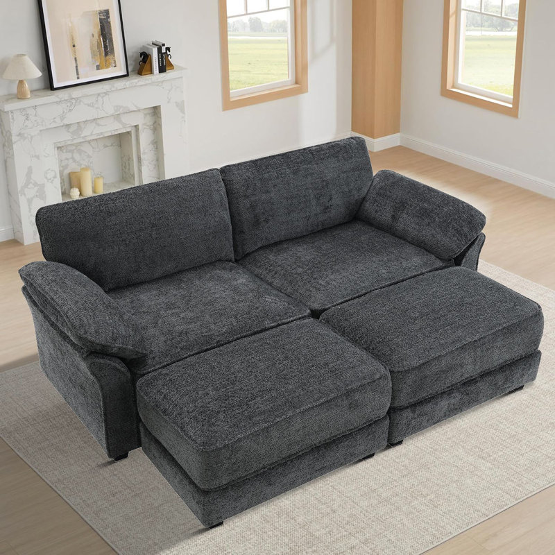 Modern Stylish Chenille Fabric Upholstered Modular Sectional Sofa with a Loveseat and 2 Ottomans, Gray Chenille