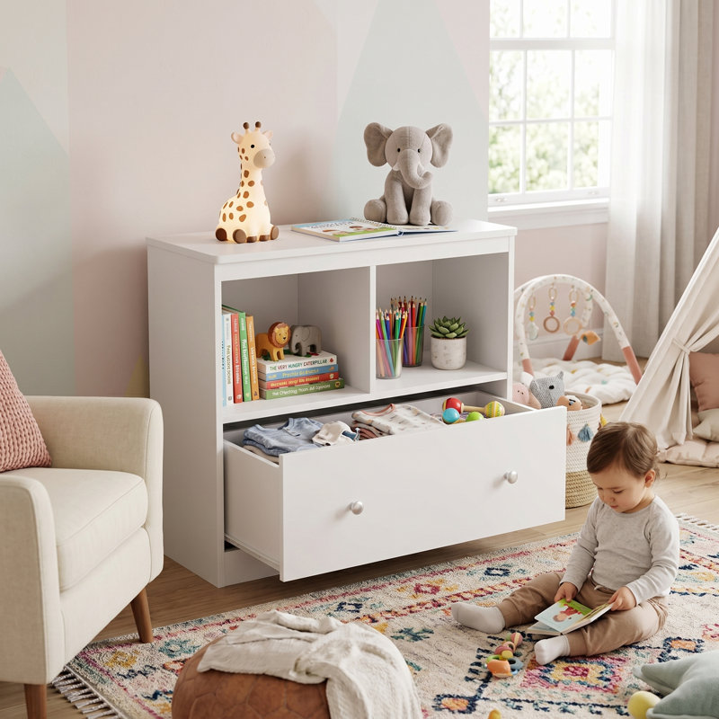 Organisateur de rangement pour jouets pour enfants, bibliothèque basse avec grand tiroir, blanc pour chambre de bébé