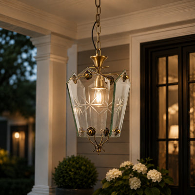 Luminaire suspendu d'extérieur vintage 1 lumière pour patio avec abat-jour en verre gravé à l'eau-forte