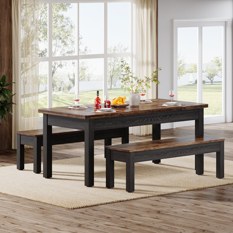 Ensemble de table de salle à manger en bois 3 pièces avec 2 bancs