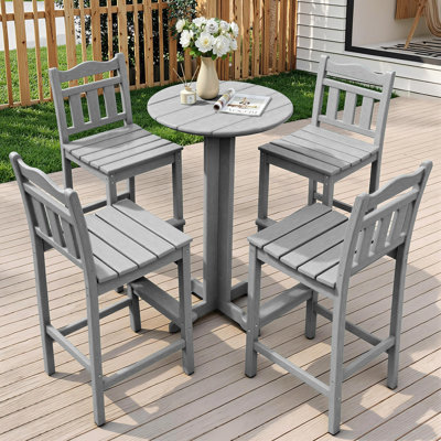Ensemble de bar en bois 5 pièces toutes saisons en bois de polyuréthane - table bistro haute densité en HDD robuste et 2 tabourets avec sièges courbés ergonomiques - Ensemble de tabourets de bar d'extérieur pour la piscine, le balcon et la terrasse