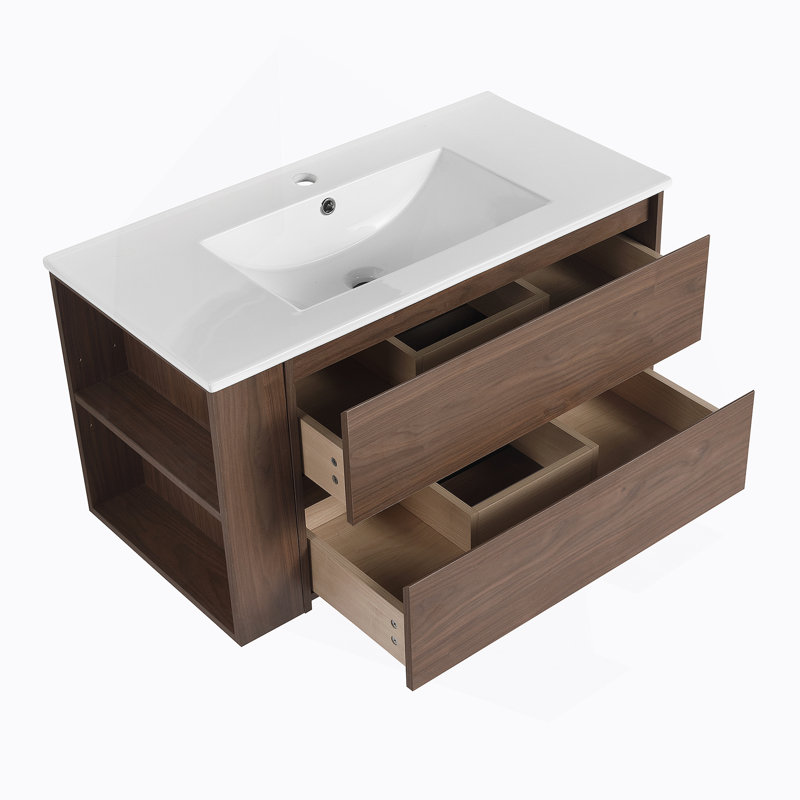 Meuble-lavabo mural 36 po avec lavabo en céramique, Chêne brun, 36"