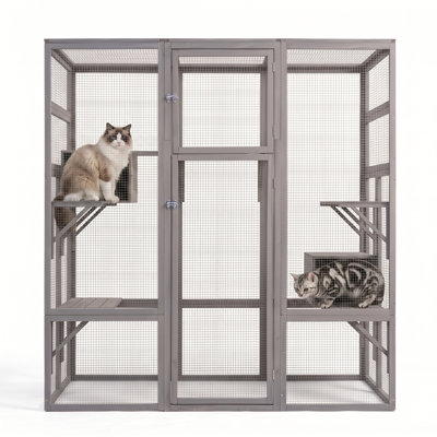 Grand enclos pour chat d'intérieur / extérieur en bois 70 po avec plateformes multi-niveaux, maisons de repos doubles et portes verrouillables sécurisées pour chats multiples