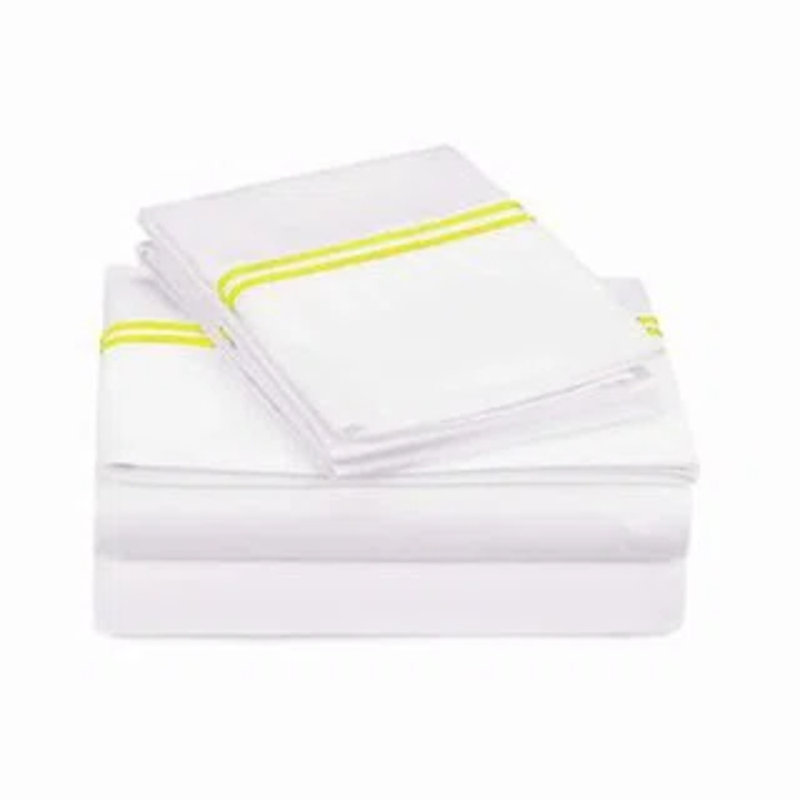 500TC Cotton Double Embroidery Sateen Solid Cotton 4 Piece Sheet Set Fitted Sheet Fits Upto 16" Deep Pocket, Yellow Border