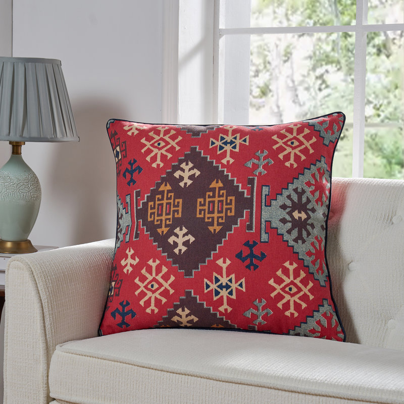 Coussin Muskoka, Polyester, Rouge / brun / ikat beige