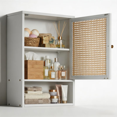Bathroom Wall Cabinet with Rattan Doors, Adjustable Shelf, Over Toilet Storage Organizer, Wooden Medicine Cabinet Wall Mounted, Space-Saving for Bathroom Living Room Laundry, White