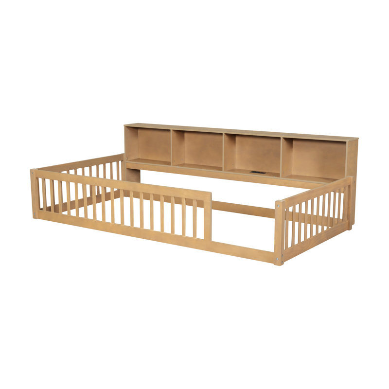 Lit en bois avec armoires de rangement et ports USB, Brun
