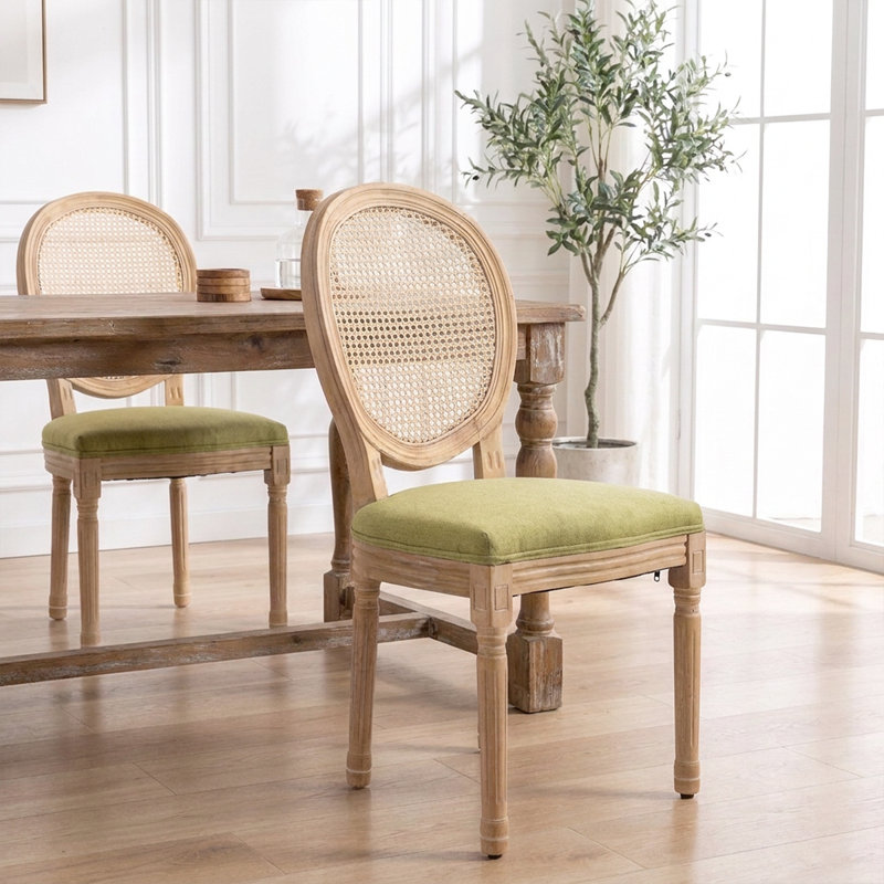 Chaises de salle à manger d'inspiration rétro avec structure en bois massif - dossier en rotin, tissu en lin, ensemble de 2