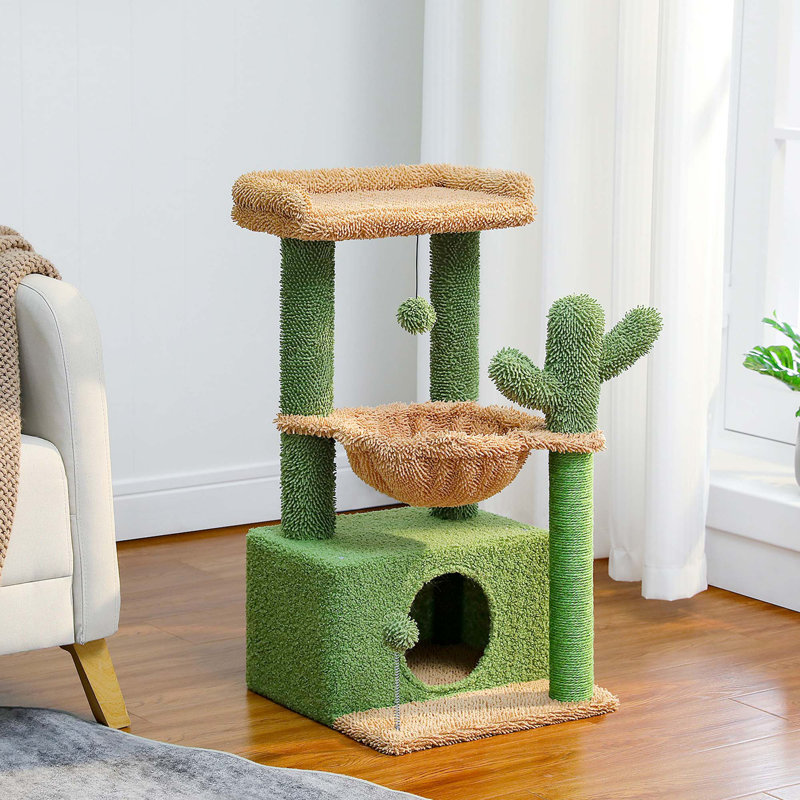 Green and Beige Multi-Level Cat Tower with Hammock and Condo
