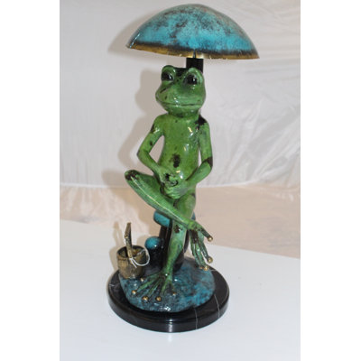 Zev Frog with Umbrella Bronze Statue -  Size: 11"L x 10"W x 22"H.