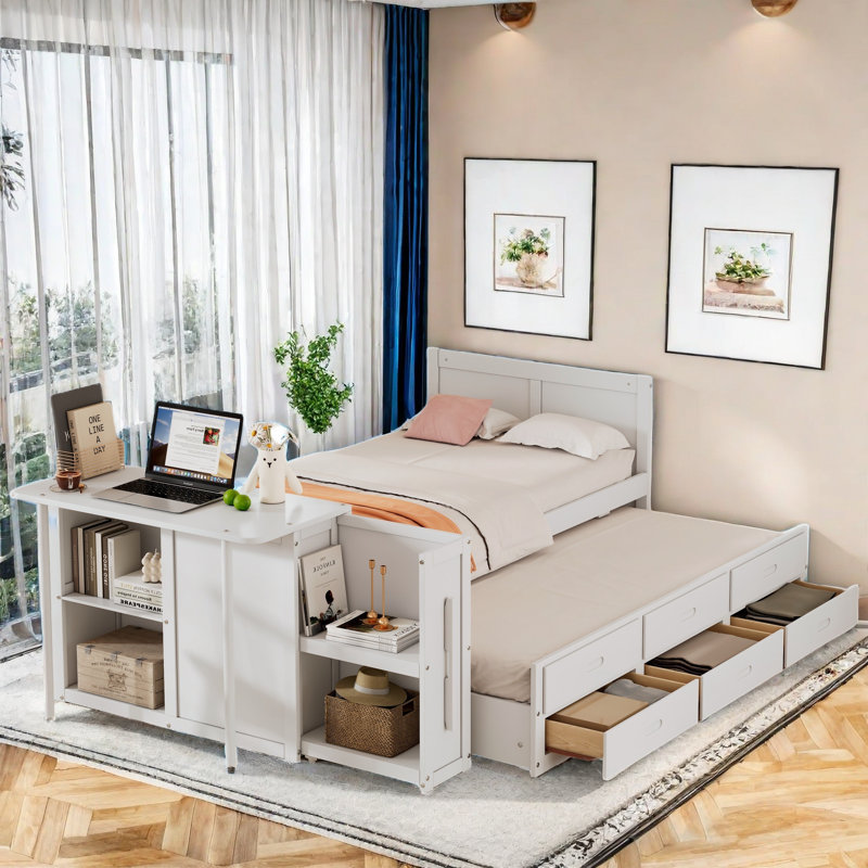 Multifunctional Marksbury With Desk And Storage Shelves, Built-in Trundle And 3 Drawers, White