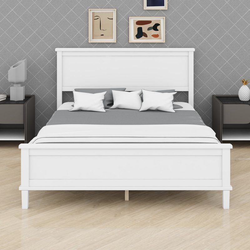 Lit Mid-Century moderne, plateforme en bois avec tête de lit, Blanc
