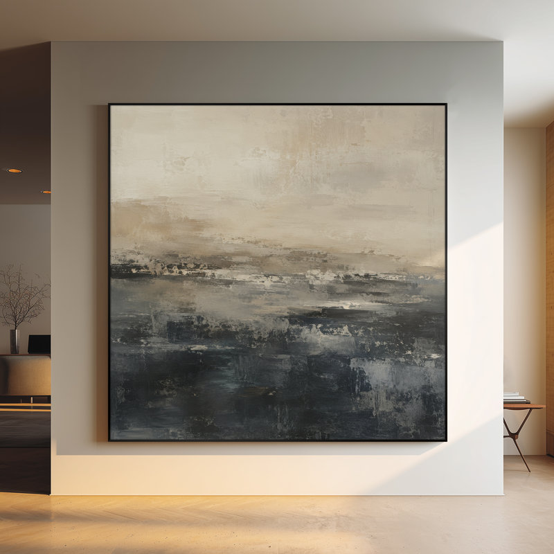 Impression sur tissu grand format - Motif abstrait horizon superposé beige, gris et anthracite pour salon ou chambre - « Assemblage du cadre requis (cadre non fini) »