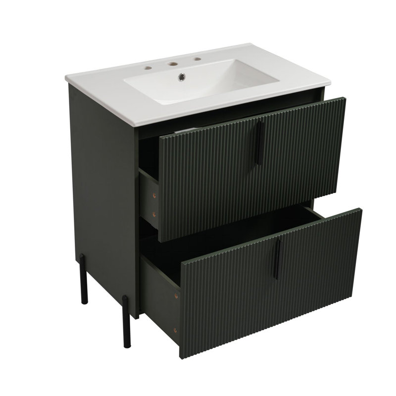 Élégant meuble-lavabo vert de 30 pouces avec lavabo en céramique et tiroirs à fermeture en douceur à extension complète, conception cannelée pour une élégance moderne