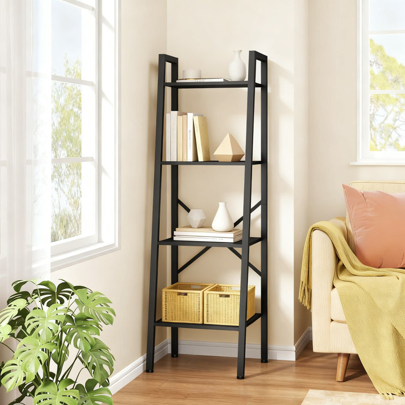 Industrial Ladder Bookshelf With Metal Frame, 4 Tier Tall Narrow Storage Shelf For Living Room, Home Office, Bedroom And Kitchen Display