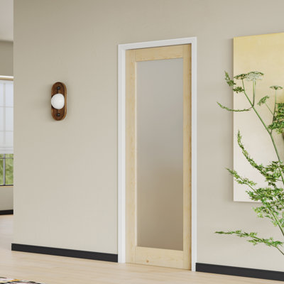 Prehung Door 1-Lite Frosted Glass Interior Door,Natural Wood Finish,Solid Manufactured Wood With Adjustable Jamb & Hardware (Assembly Required)
