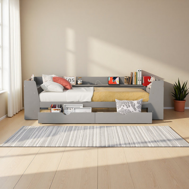 Lit de jour simple avec tablettes, tiroirs et station de charge intégrée, Gris