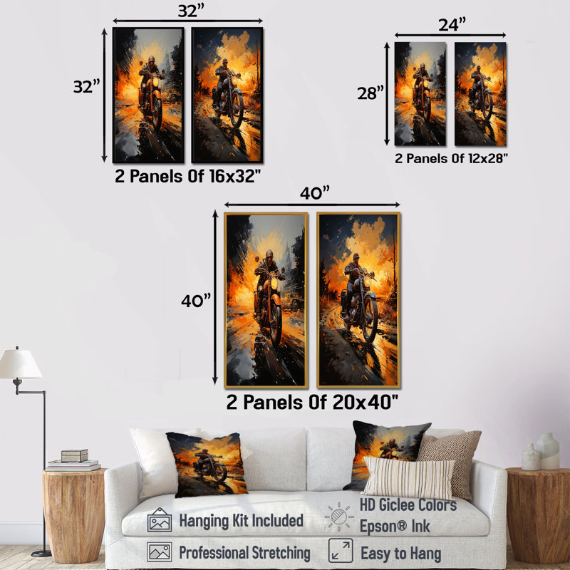 Yellow Dirt Bike Adventure - ensemble de 2 impressions sur toile de moto, H 28 po x l 25 po, Toile tendue