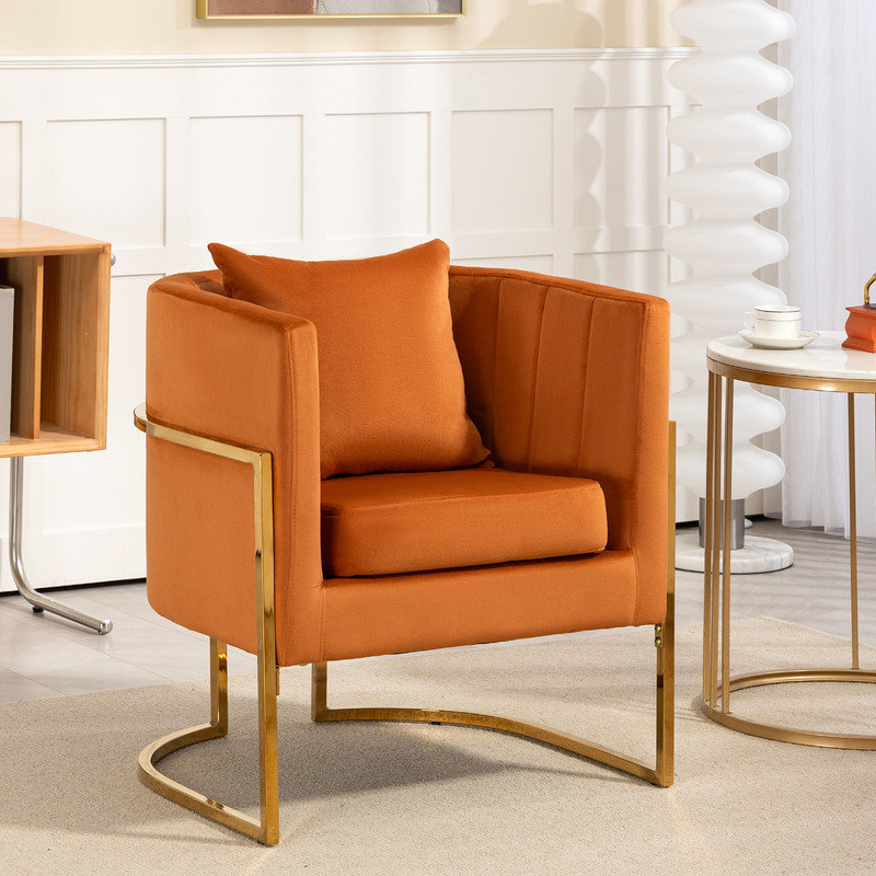 Fauteuil d'appoint demi-tonneau en velours avec coussin, Orange