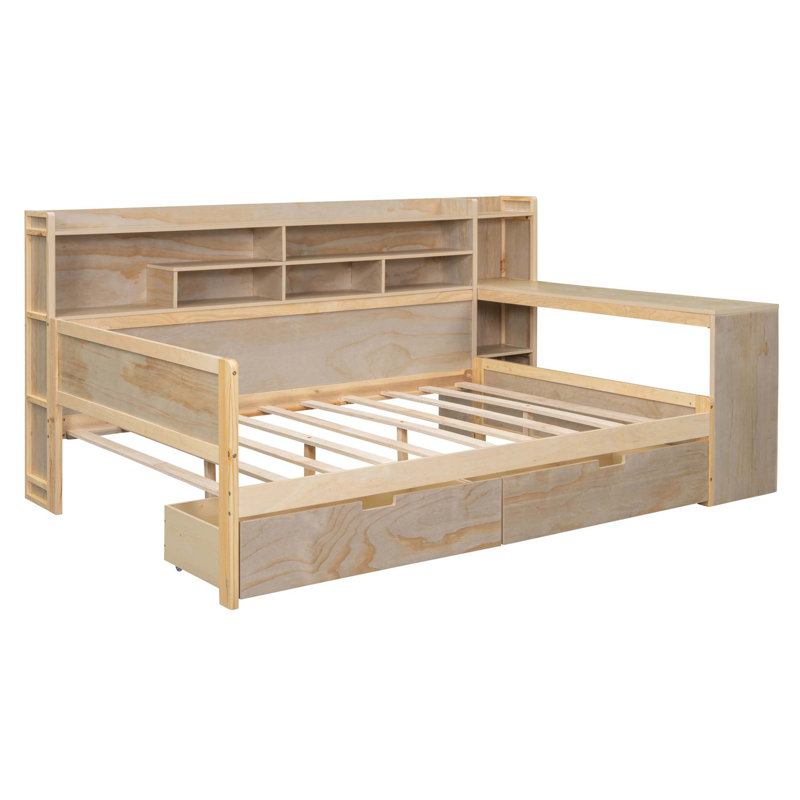 Lit de jour double avec tablettes de rangement, tiroirs de rangement et bureau d'étude, Naturel