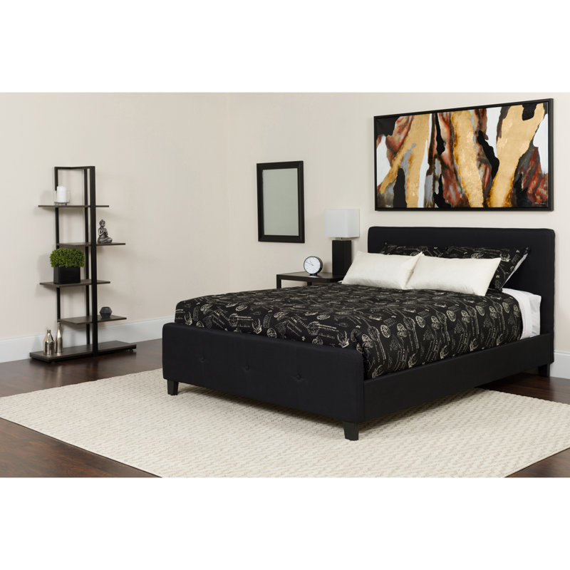 Black Queen Upholstered Platform Bed with Tufted Headboard