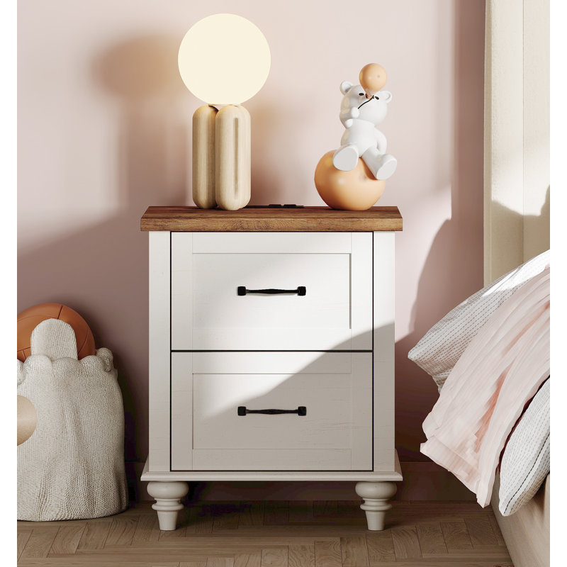 Farmhouse Kids Nightstand With 2 Drawers & Charging Station For Baby Room, Off White, Off White