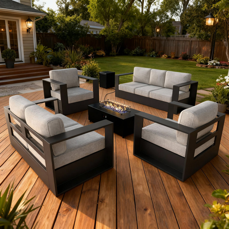 Modern Outdoor Aluminum 5-piece Conversation Set With Firepit Table, Grey Cushion/Black Frame