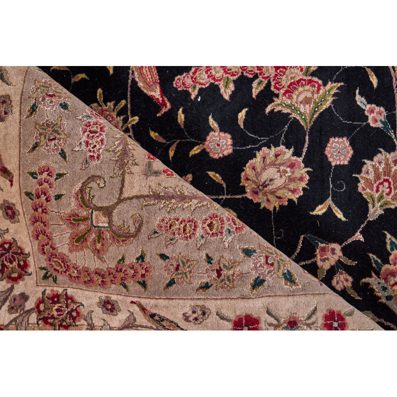 Hand-Knotted Black and Beige Wool Silk Medallion Rug 8' x 10'