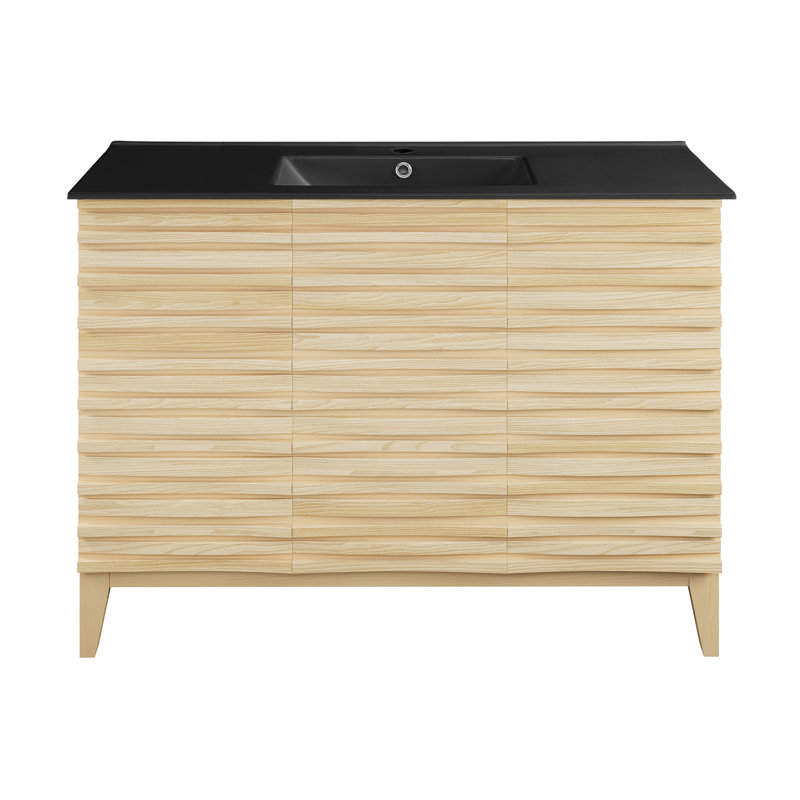 Meuble-lavabo en chêne naturel 48 po avec plateau en céramique noire Cascade, Chêne naturel, Noir, Trou unique