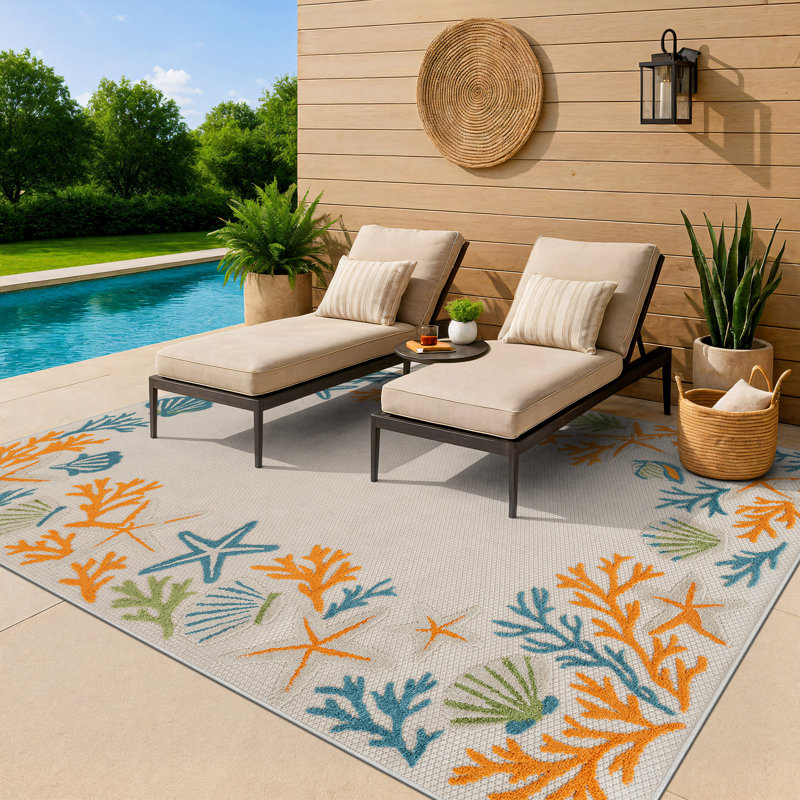 Coastal Border Ivory/Multi Indoor/Outdoor High-Low Area Rug, Multi, Rectangle 7'10" x 10'