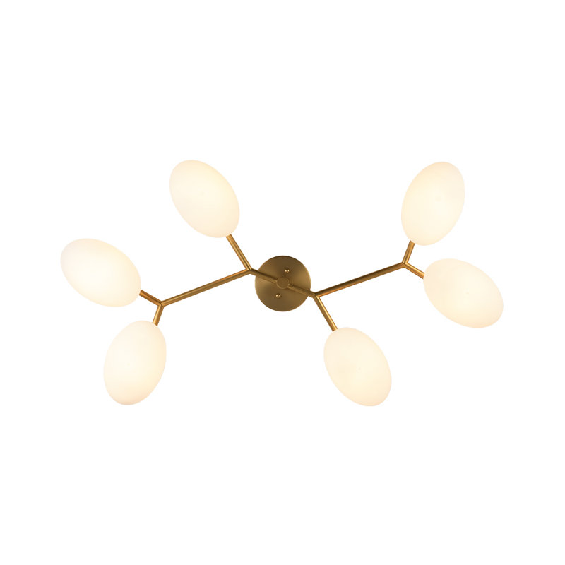 Modern 6-Light Branch Milky Glass Bubble Semi Flush Ceiling Light , Brass