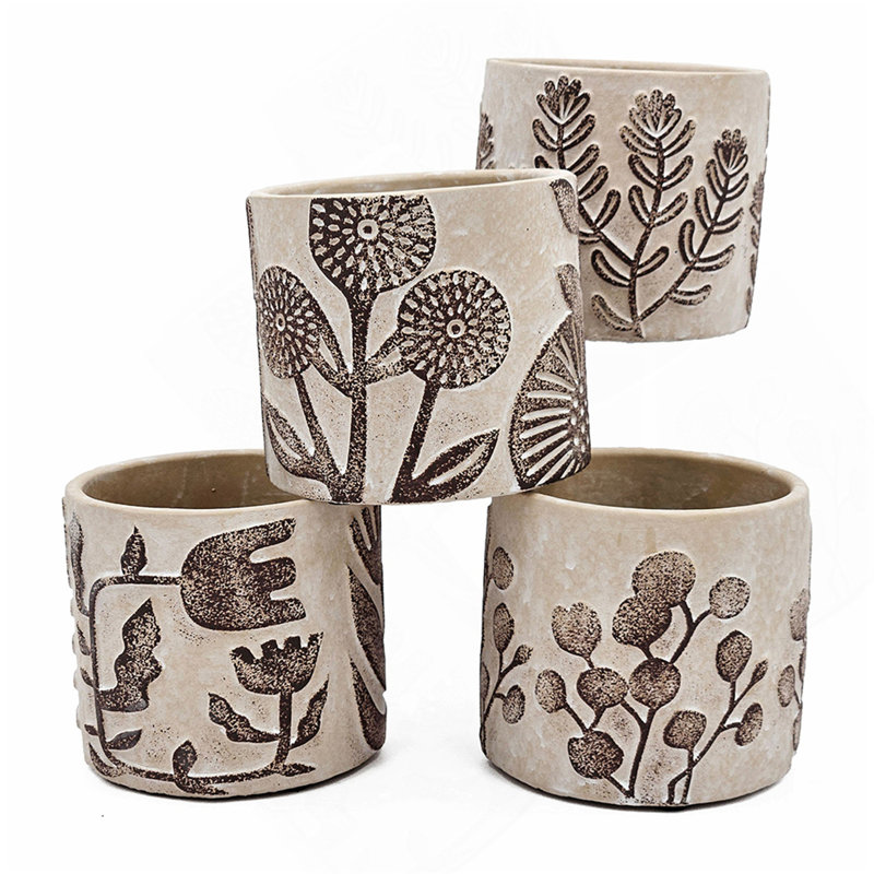 Set Of 4 4.3X4.3X4" Gray Sand And Cement Planters With Brown Botanical Motifs