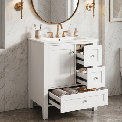 Meuble-lavabo 24 po avec lavabo et tiroirs, meuble-lavabo autoportant blanc avec plateau en céramique et tablettes de rangement, panneau de fibres à densité moyenne et structure en bois massif, meuble-lavabo moderne pour petites salles de bain