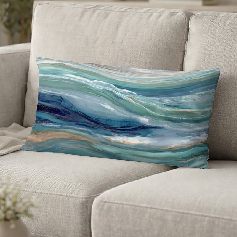 Coussin vert et bleu, H 12 po x l 20 po
